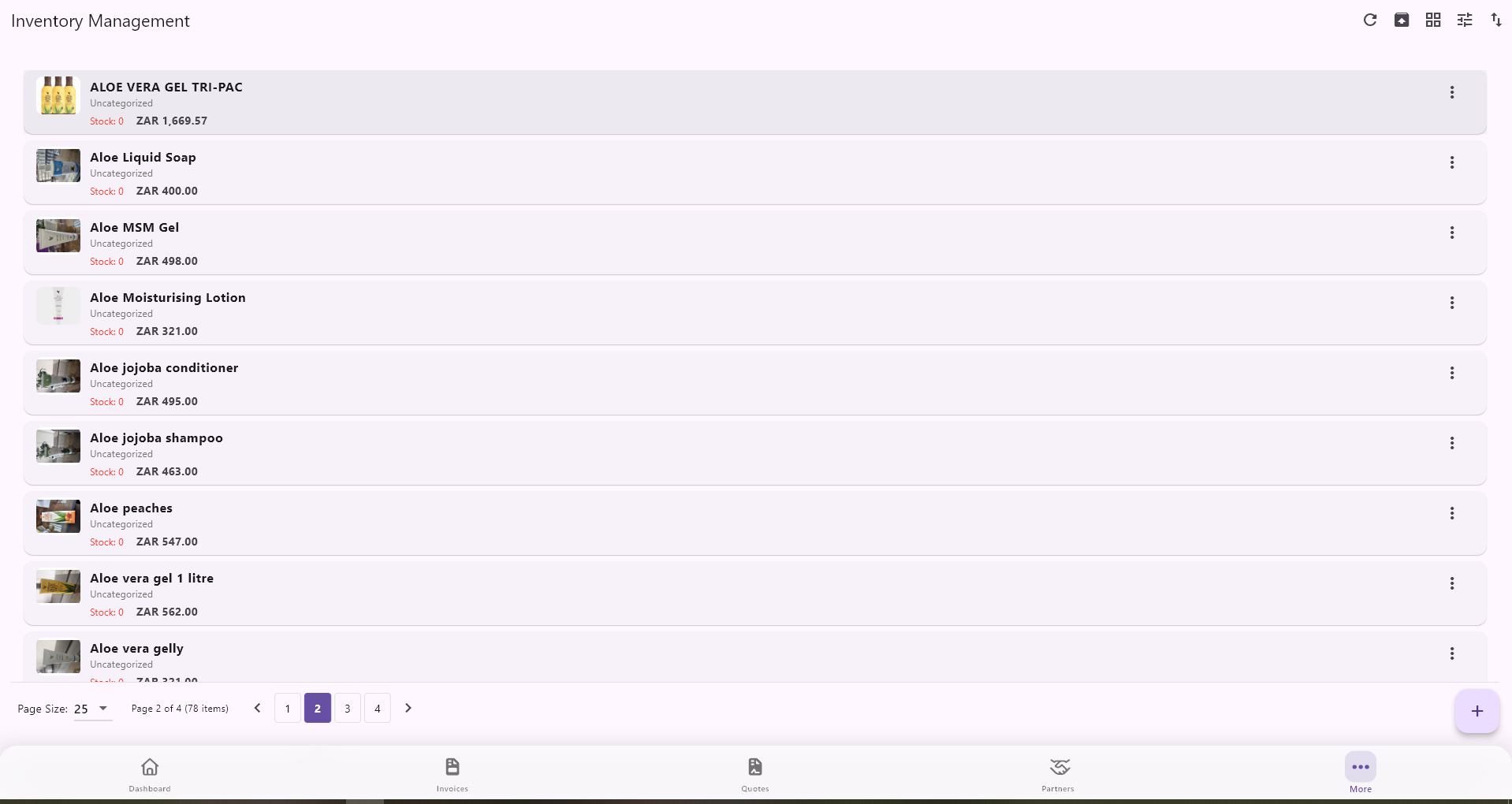 POS product list screen